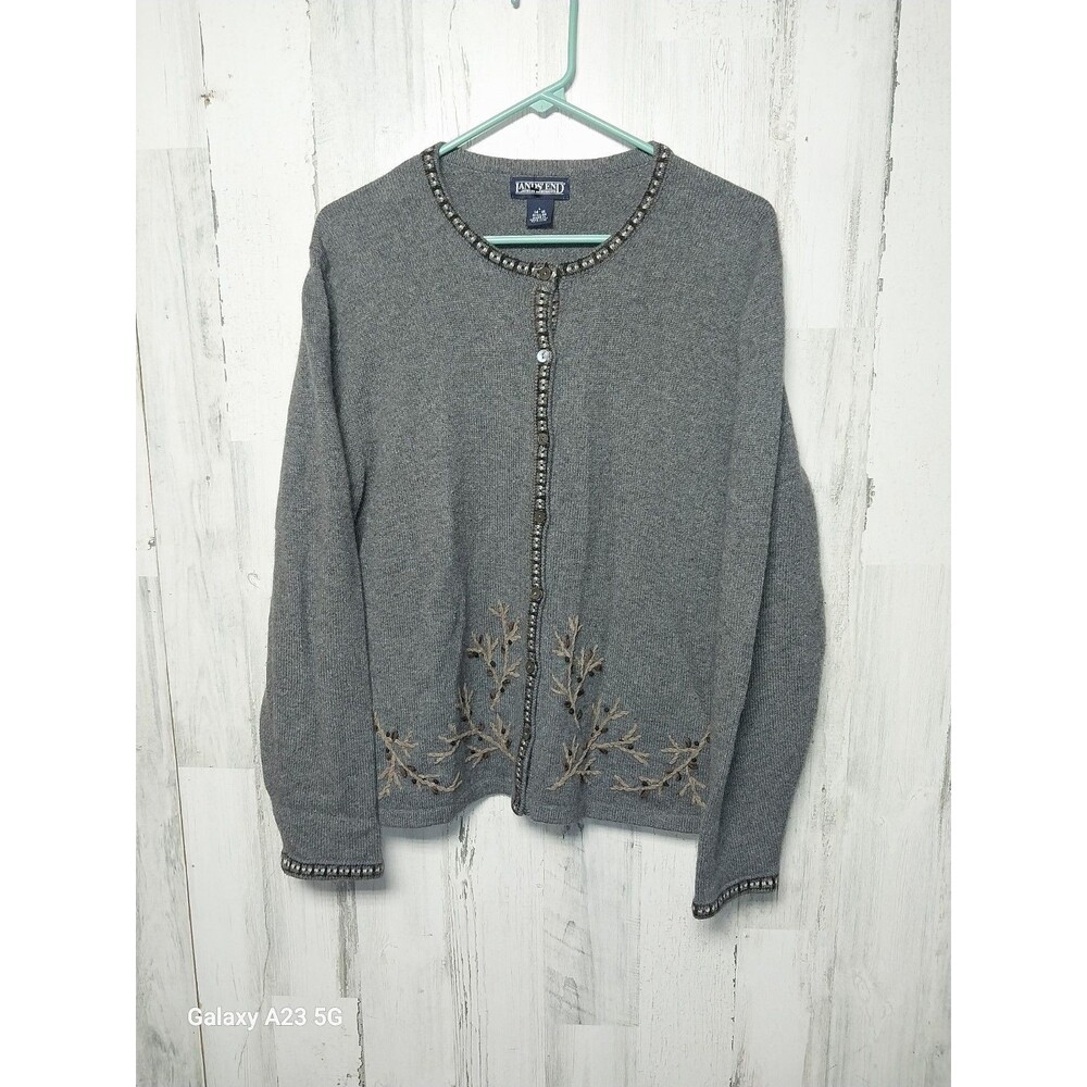 Land's End Women's Large Gray Wool Blend Embroidered Cardigan